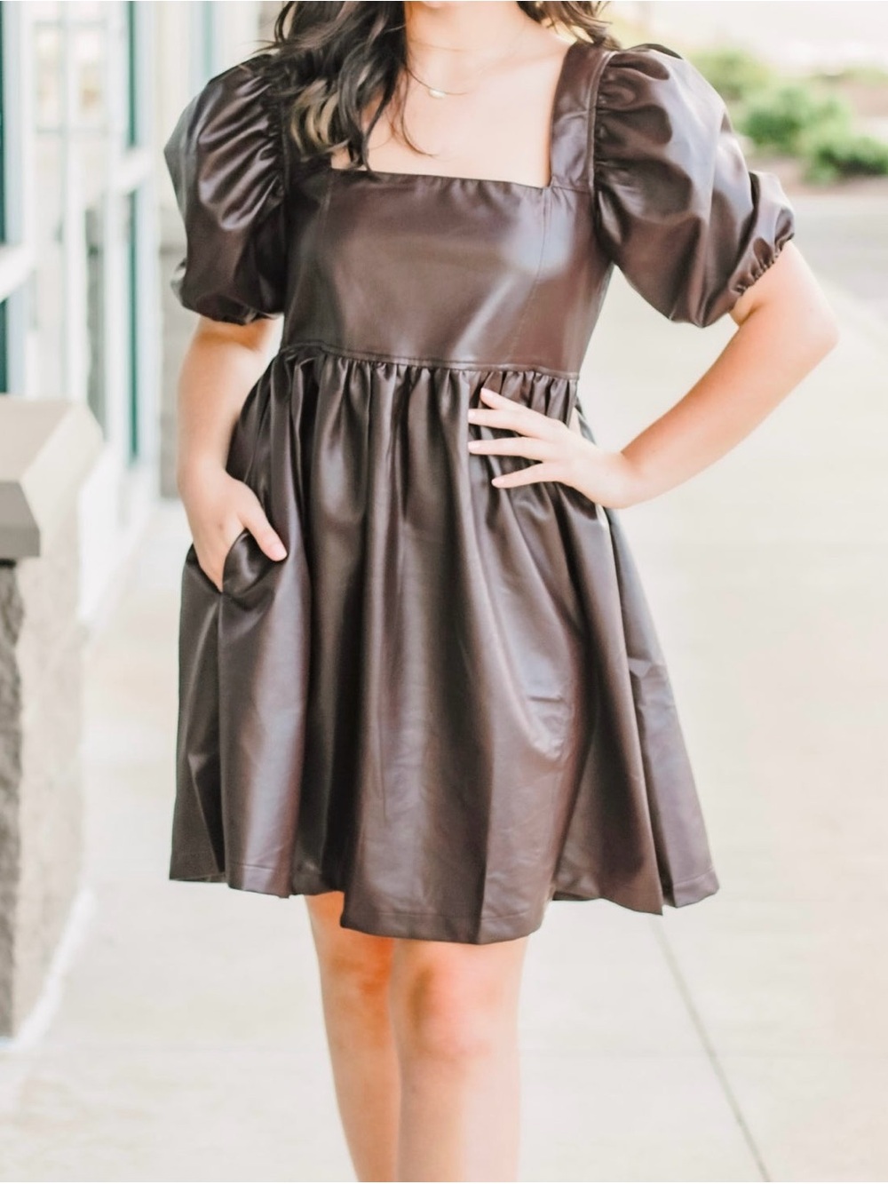 Mittoshop Chocolate Delight Faux Leather Puff Sleeve Mini Dress Size M